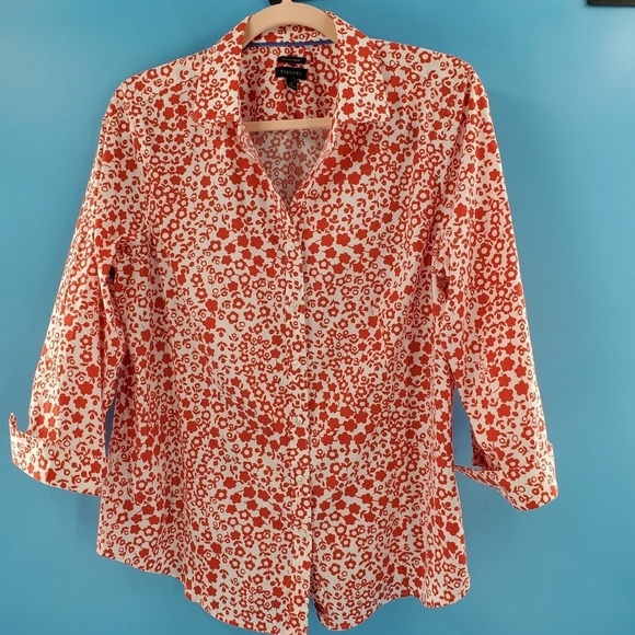 Talbots red and white flower button up top - Picture 7 of 13